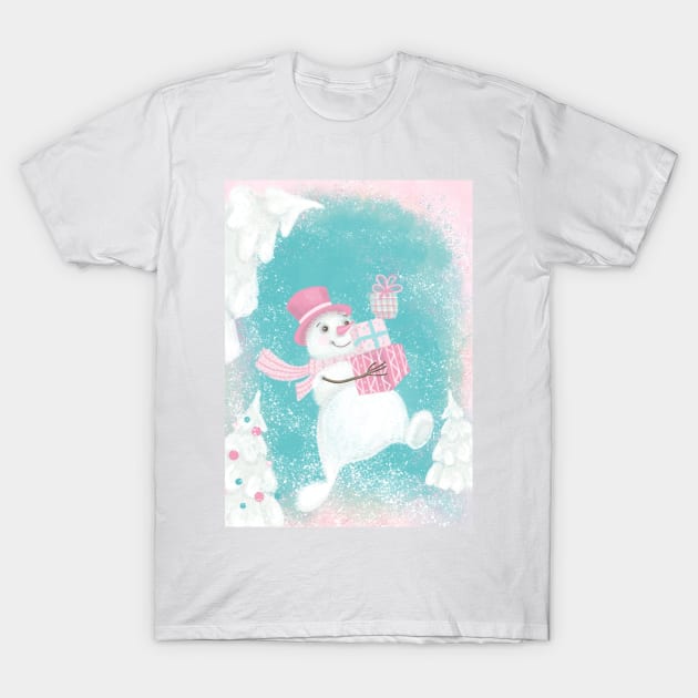 Cute Christmas Snowman Pink and Mint T-Shirt by in_pictures